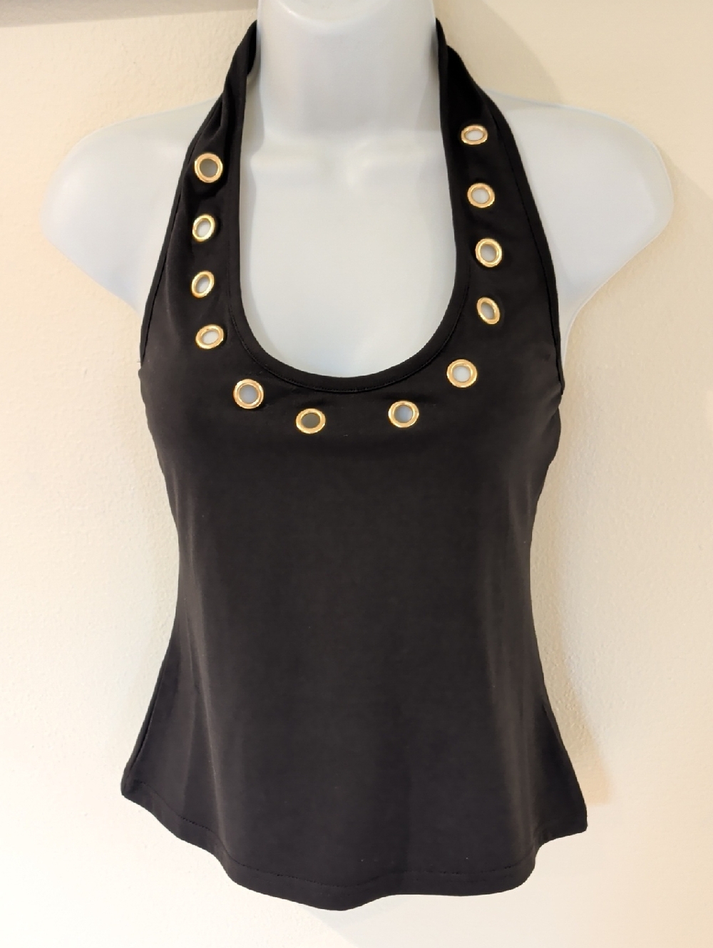 Haspen's Black Halter Tank with Gold Eyelets Size M